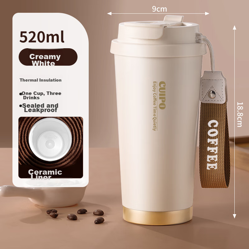 Cuipo Insulated Coffee Cup Ceramic Coated Portable Large Capacity Double Drinkin...