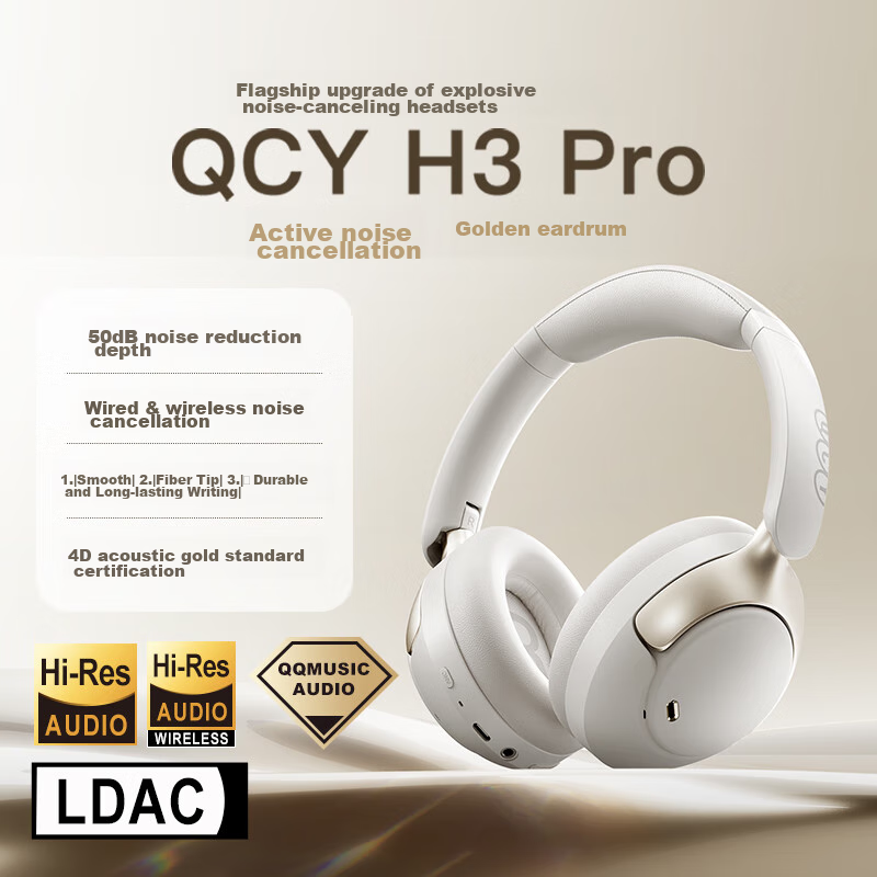 QCY H3 Pro Active Noise-Cancelling Headphones with Bluetooth, 50dB Deep Bass, Wi...