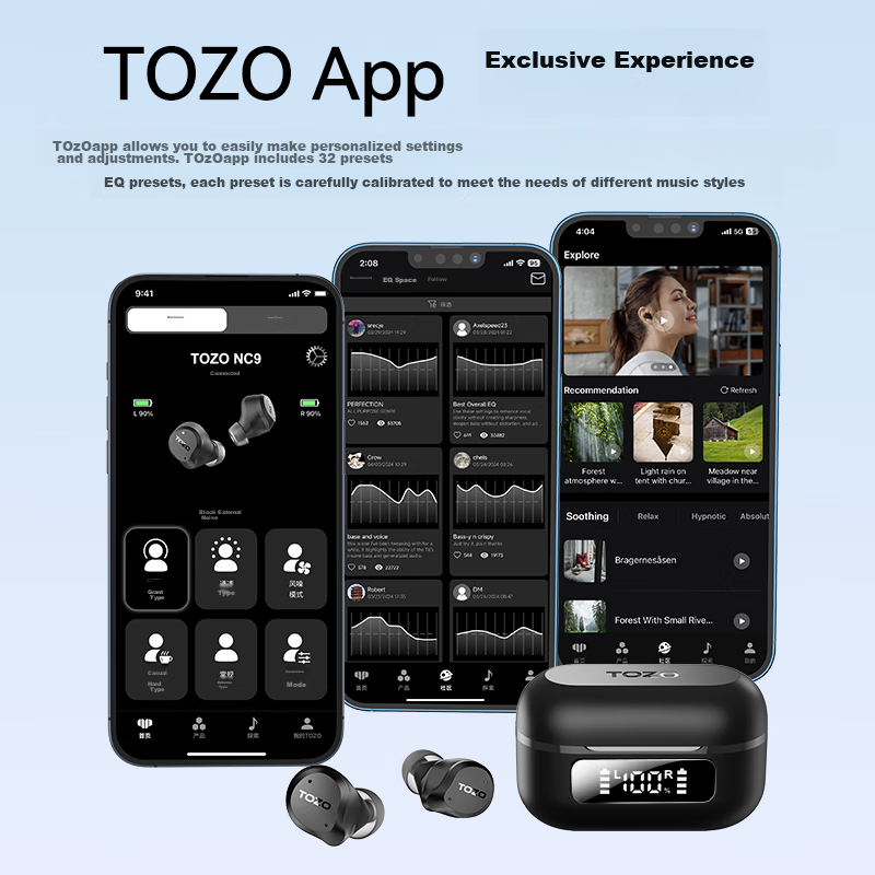 TOZO NC9 True Wireless Active Noise Cancelling Bluetooth Earbuds, In-Ear, 52-Hou...