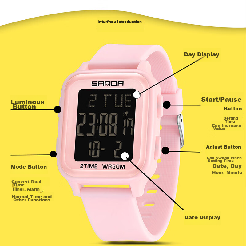 SANDA Men's Student Waterproof Luminous Large Digital Timer Watch for Middle Sch...