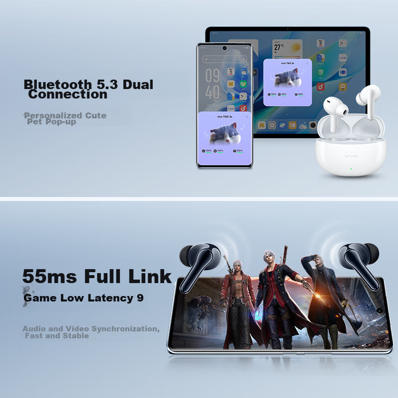 Vivo TWS 3e, Bright White, Immersive Surround Sound, 44H Ultra-Long Battery Life...