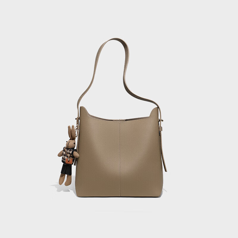 Viney Cowhide Leather Bucket Bag Women's Large Capacity Shoulder Bag Light Luxur...