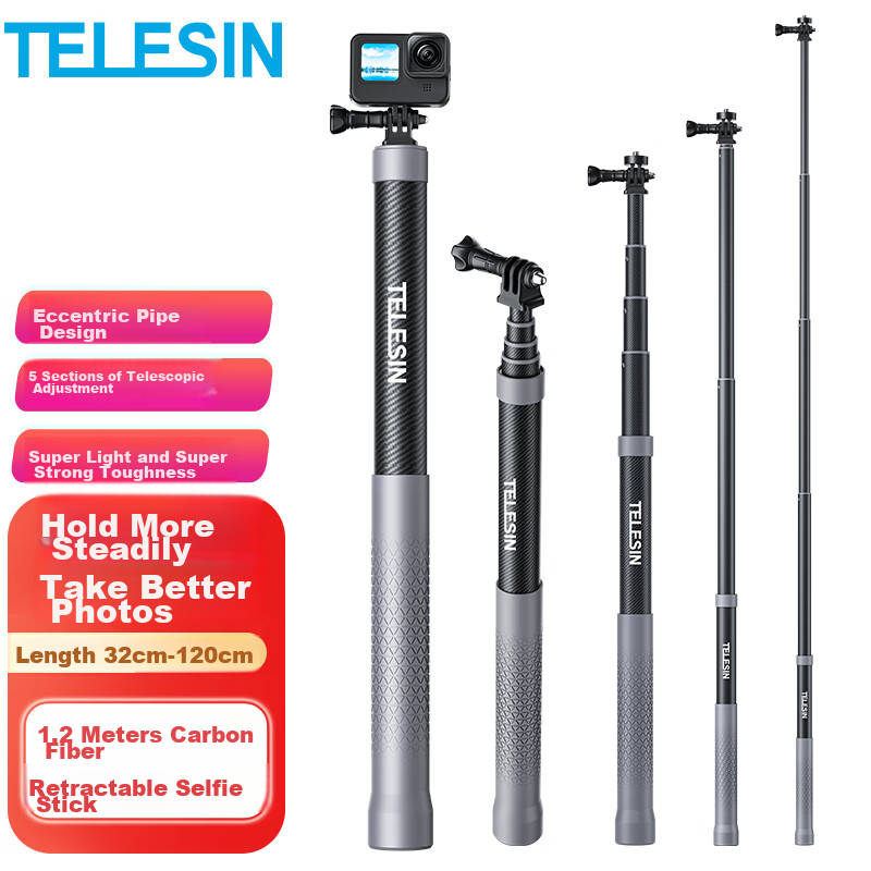 TELESIN DJI Action 4 5 Pro Carbon Fiber Selfie Stick Compatible with GoPro 13 12...