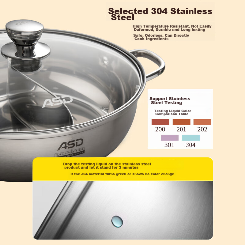 Aishida ASD Hot Pot, 304 Stainless Steel, 30CM, Suitable for Both Sides, Thicken...