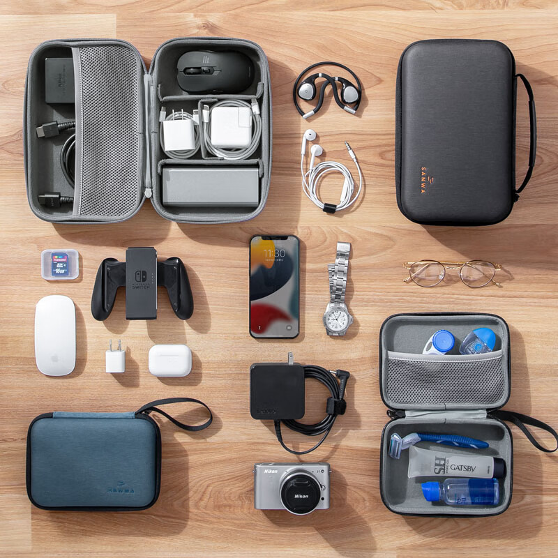 SANWA SUPPLY Travel Portable Hard Shell Data Cable Power Bank Storage Bag Digita...