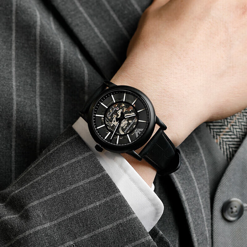 Emporio Armani Men's Watch, Black Knight Series, Cool Leather Strap, Skeleton Me...