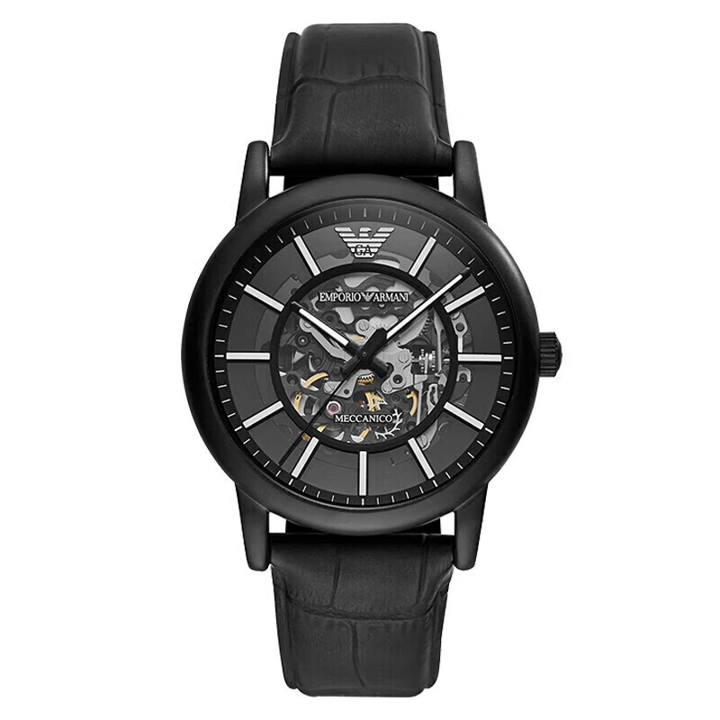 Emporio Armani Men's Watch, Black Knight Series, Cool Leather Strap, Skeleton Me...