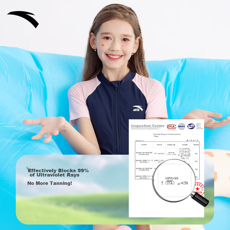 ANTA Children's Swimsuit, 2024 New Style, Girls' One-Piece Boyleg, Student Profe...