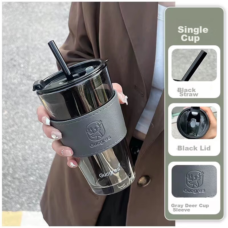 Baijie Glass Water Cup, Bamboo Joint Cup with Straw, Cup with Lid, Coffee Cup, G...