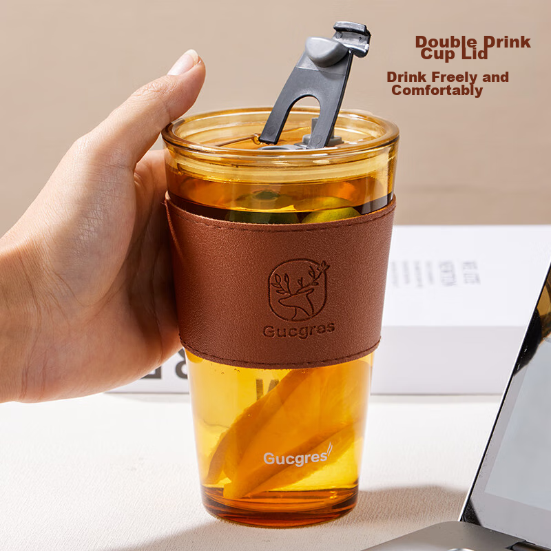 Baijie Glass Water Cup, Bamboo Joint Cup with Straw, Cup with Lid, Coffee Cup, G...