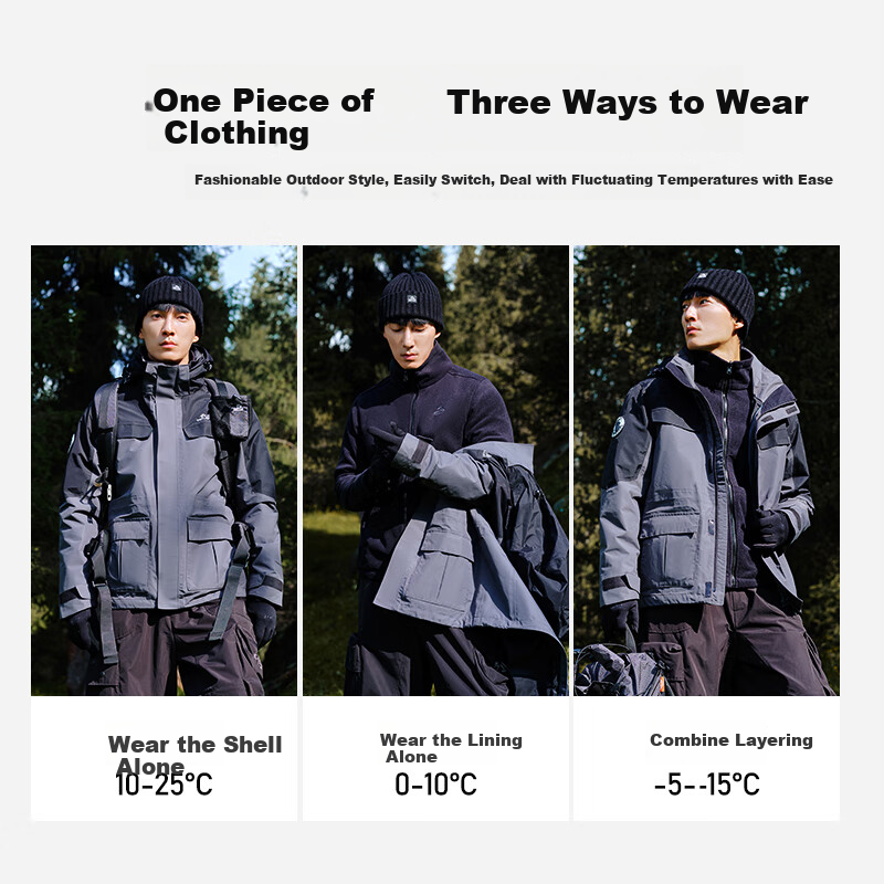 Pelliot Unisex 3-in-1 Spring Autumn Hard Shell Windproof Jacket 11040105 Light G...