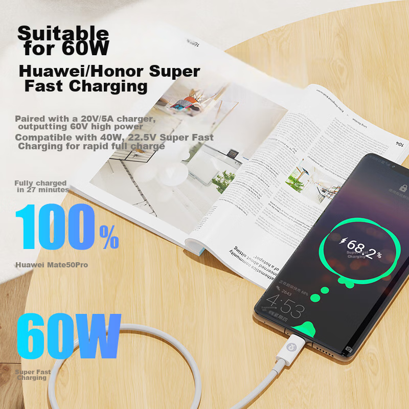 Biaze PD60W Fast Charging Cable, Ctoc Dual-Head Type-C 3A Charging Cable, Compat...