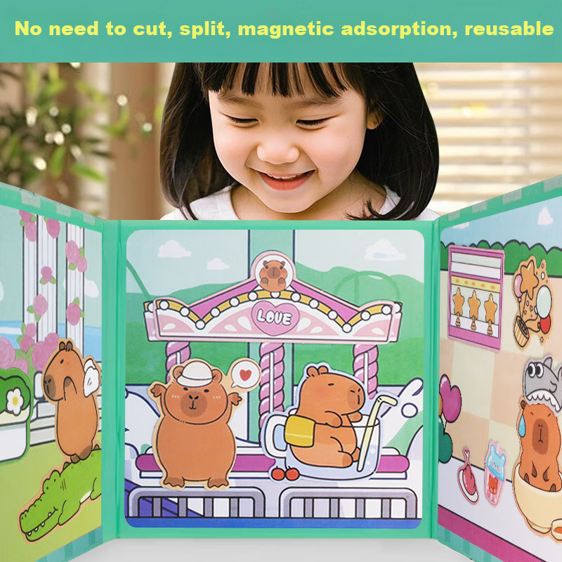 Baili Shuang Capibala Magnetic Quiet Book, 3-Pack, No-Cut Magnetic Sticker Book,...