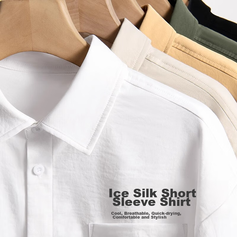 GENIOLAMODE Men's Short-Sleeve Shirt, Summer Ice Silk Cool-Feeling Breathable Qu...