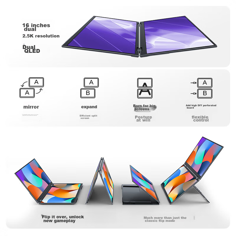 EHOMEWEI Foldable Dual-Screen Portable Monitor, 16-Inch 2.5K, Compatible with La...