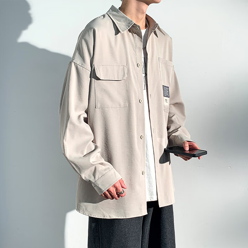 Foss Phil Hong Kong Style Long-Sleeve Shirt Jacket for Men, Spring And Autumn Ca...