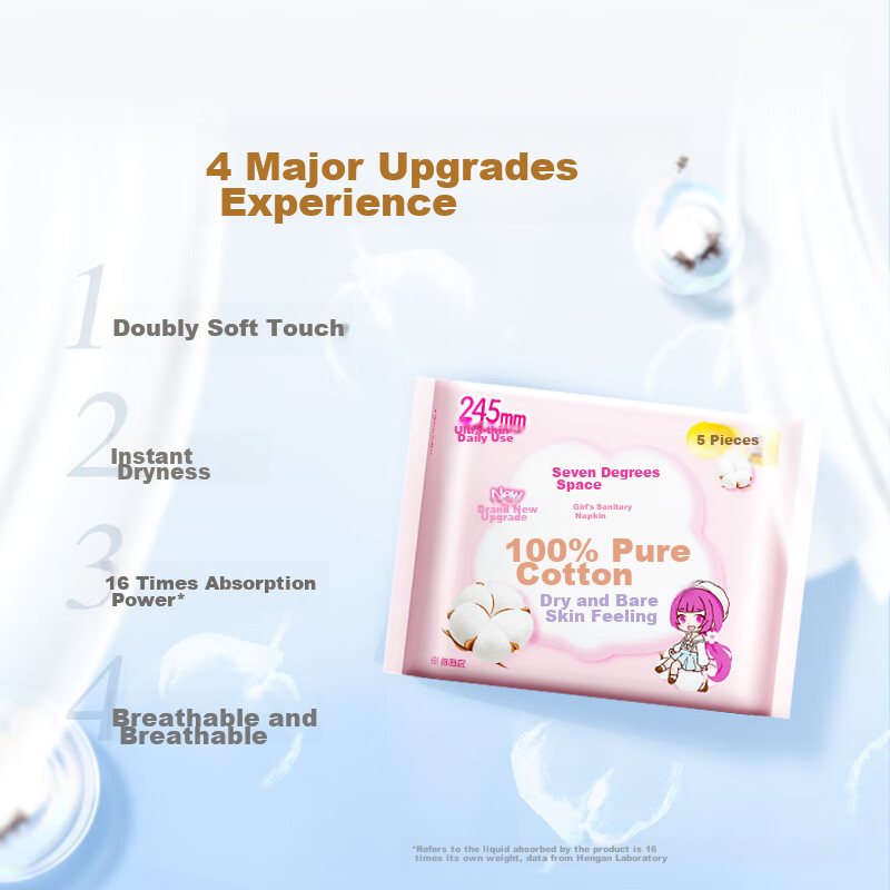SPACE 7 Girls' Ultra-Thin 100% Pure Cotton Daytime Sanitary Napkins Set, 40 Piec...
