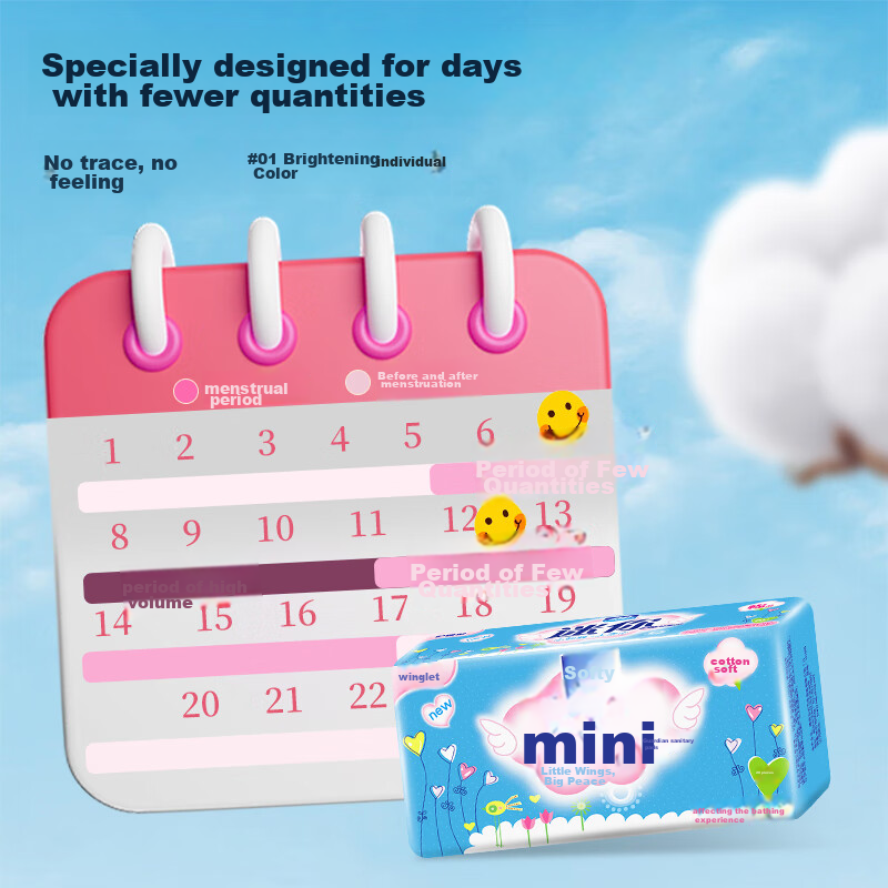 Rourou Mini Sanitary Napkins with Wings, Soft Cotton, 190mm, 20 Pieces, Low Quan...