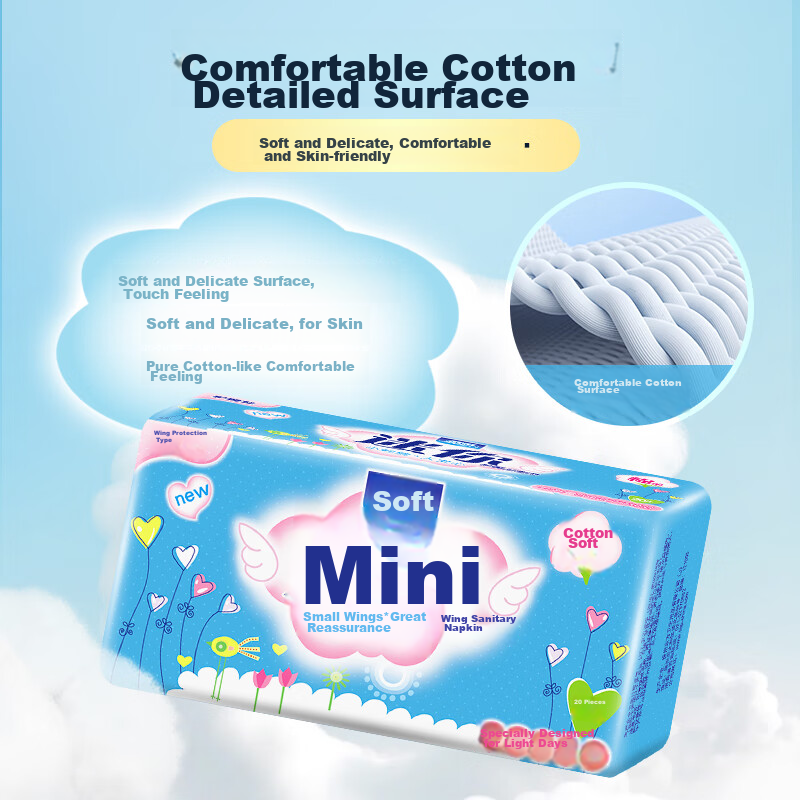 Rourou Mini Sanitary Napkins with Wings, Soft Cotton, 190mm, 20 Pieces, Low Quan...