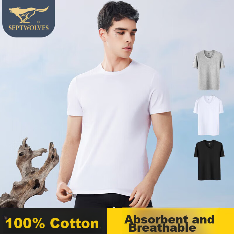 SEPTWOLVES Men's T-Shirt, Pure Cotton Short Sleeve, Spring And Summer Running Br...