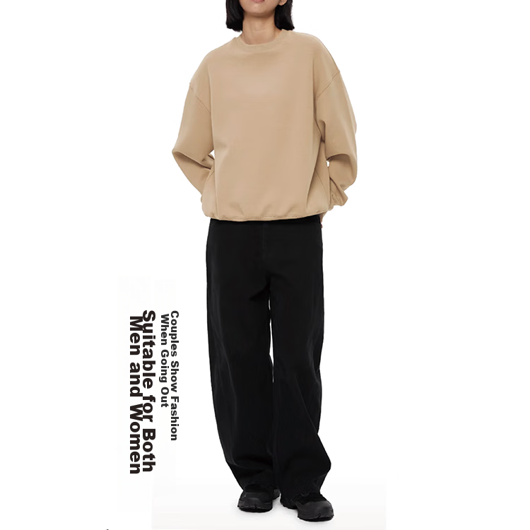 Qijian Couple's Style, Solid Color, Loose Casual, All-Cotton Brushed, Round Neck...