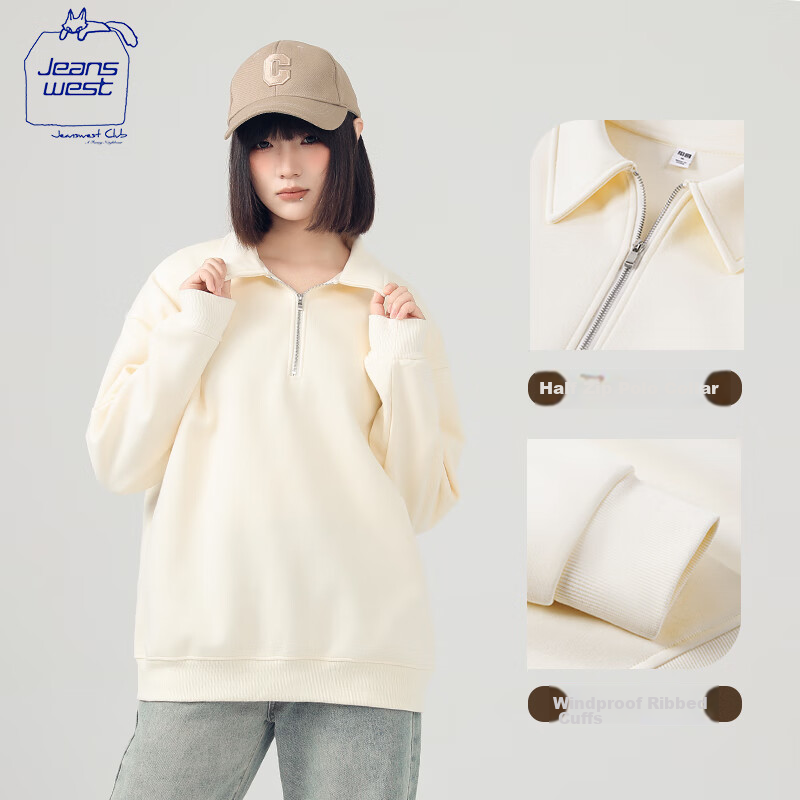 JEANSWEST CLUB Women's Sweatshirt, Spring And Autumn Half-Zip Polo Collar, Contr...