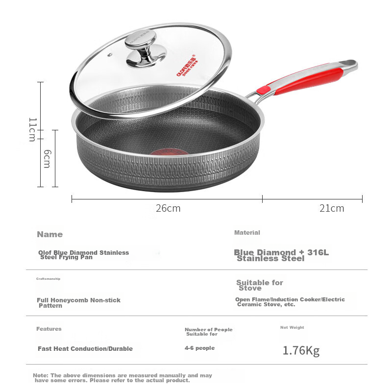 OLOFE Antibacterial Flat-Bottom Frying Pan, 316L Stainless Steel, Double-Sided H...