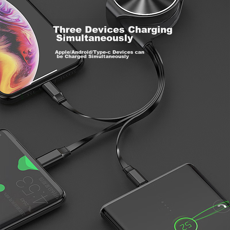 Pisen 3-In Retractable Charging Cable with Three-Head Fast Charging, Compatible...