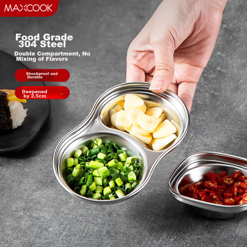 Meichun (Maxcook) Seasoning Dish, 304 Stainless Steel, 2-Compartment Condiment D...