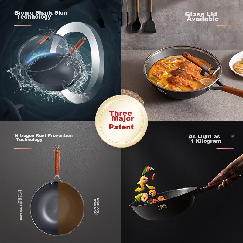 Sanhe Nitrogen Rust-Proof Wok, Non-Coated Micro-Nano Non-Stick Cast Iron Pan, Lo...