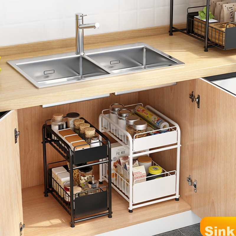 Ourunzhe Kitchen Storage Rack, Under-Sink Pull-Out Organizer, Bathroom Storage S...