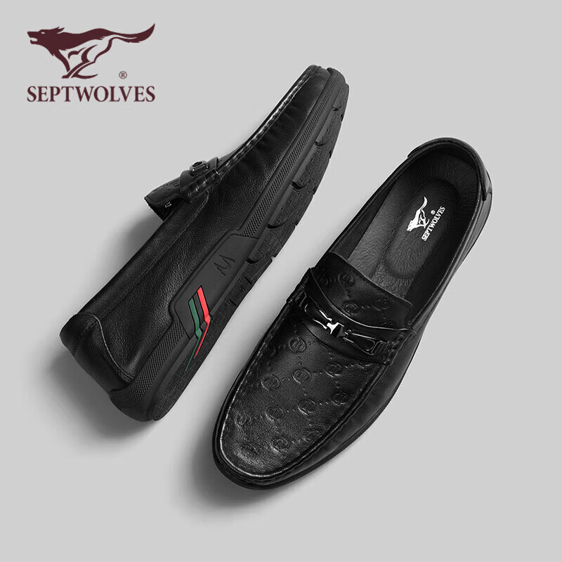SEPTWOLVES Top-Grain Leather Loafers, Men's Shoes, Spring And Summer Business Ca...