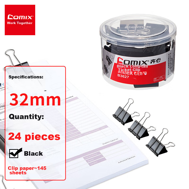 Comix Binder Clips/Loop Clips/Ticket Clips, Black Metal Clips, 3#32mm, 24 Pieces...