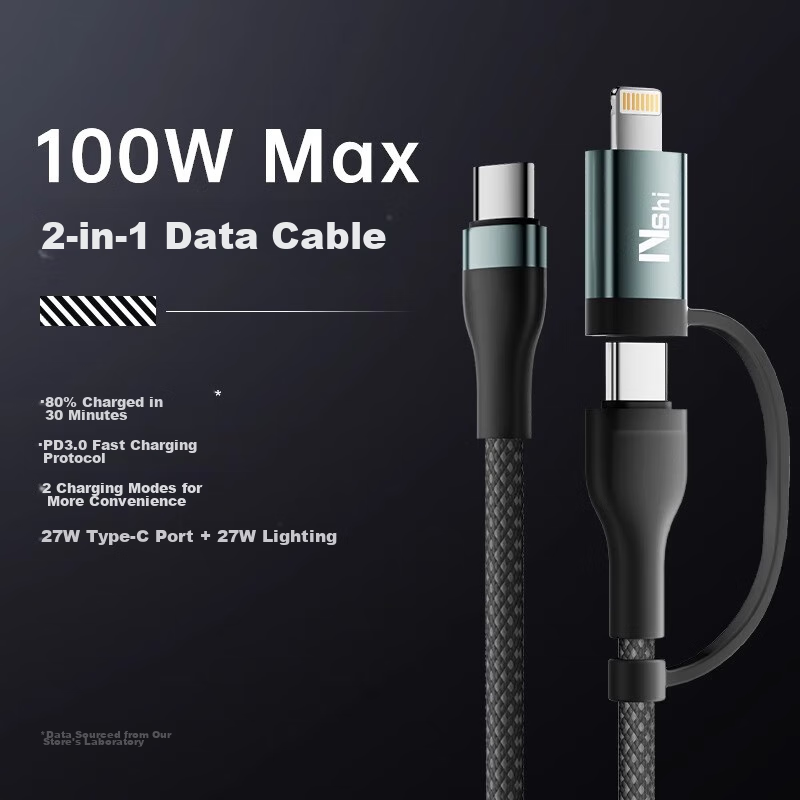 2-In Charging Cable, Type-C Data Cable, PD Dual-Head 100W Fast Charging, Compati...