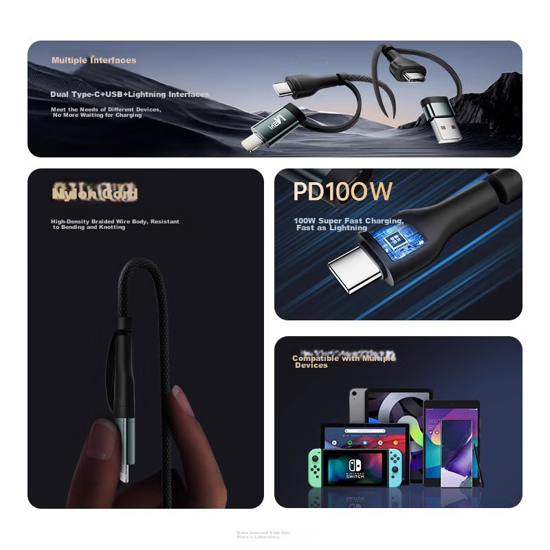 2-In Charging Cable, Type-C Data Cable, PD Dual-Head 100W Fast Charging, Compati...