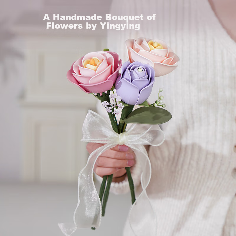 Artificial Green Rose Building Blocks DIY Handmade Assembly Eternal Flower Model...