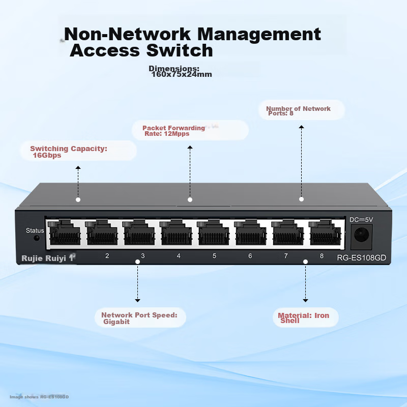 Ruijie 8-Port Gigabit Switch RG-ES108GD Enterprise-Grade Metal Shell Unmanaged D...