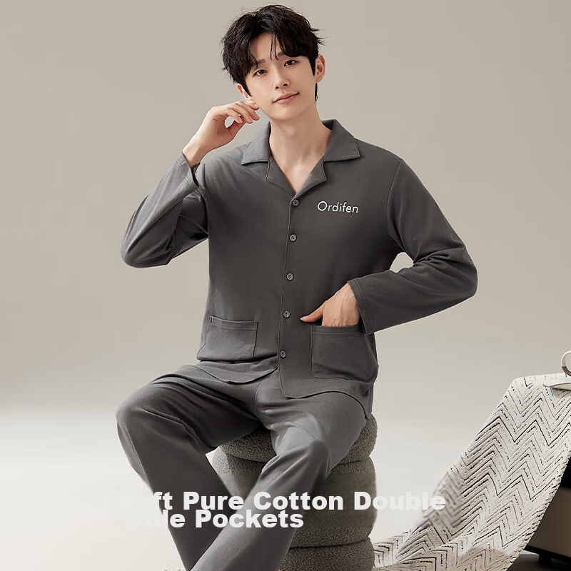 Ordifen [5A Antibacterial 100% Cotton] Men's Pajamas, Pure Cotton Cardigan, Long...