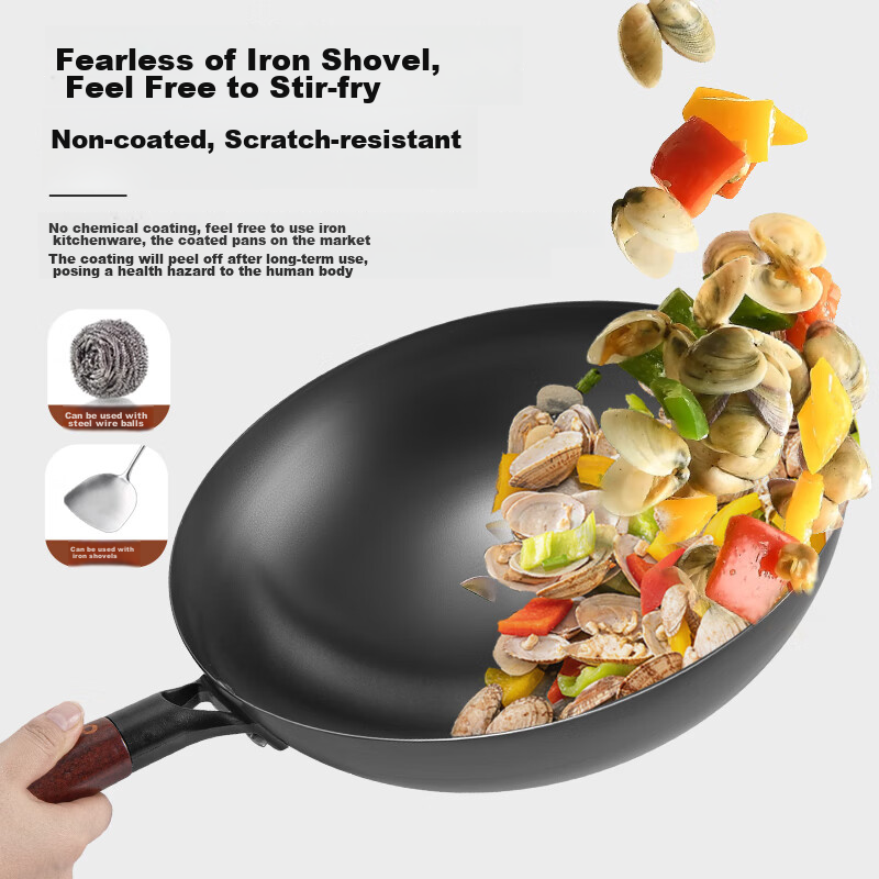 OAK Zhangqiu Hand-Forged Iron Wok, Round Bottom Frying Pan, Non-Coated Non-Stick...