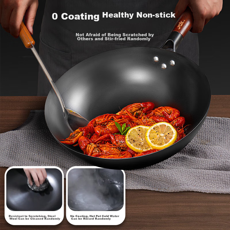 OAK Zhangqiu Hand-Forged Iron Wok, Round Bottom Frying Pan, Non-Coated Non-Stick...
