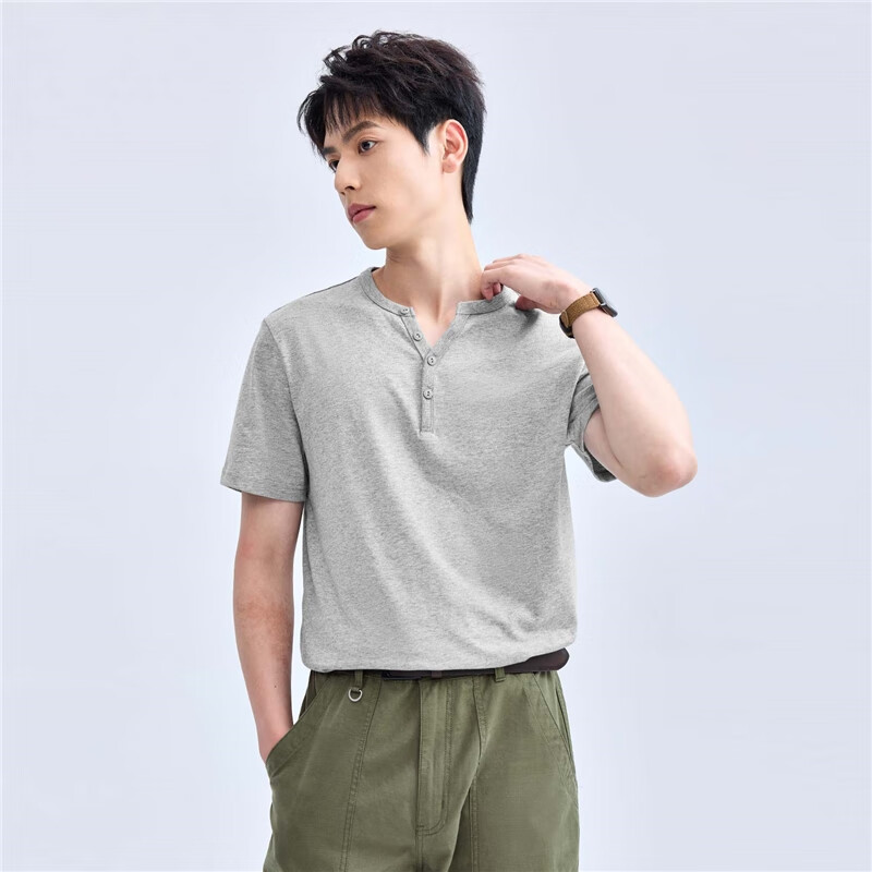 Giordano Men's Cotton Knit Solid Color Basic Henley Collar Short Sleeve T-Shirt...