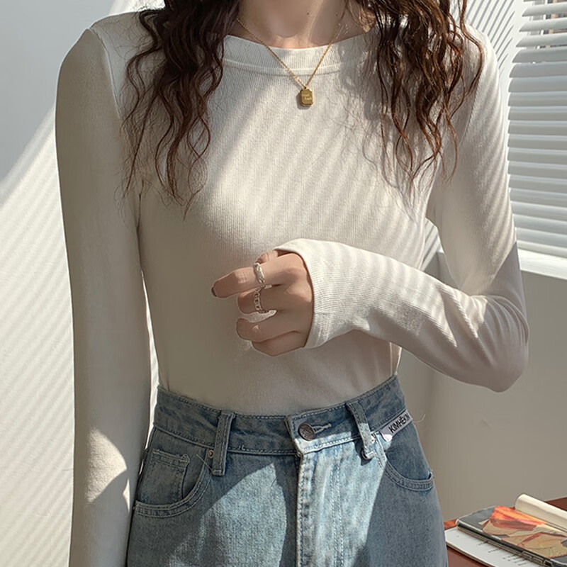 Yuzhaolin Women's Base Layer, Spring And Autumn Thin Inner Wear, Round Neck Ribb...