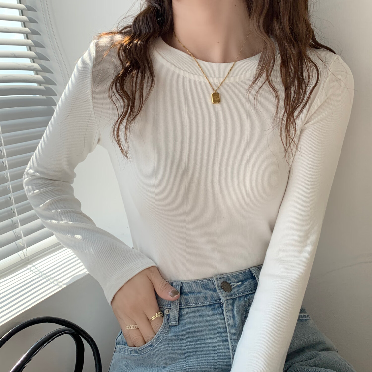 Yuzhaolin Women's Base Layer, Spring And Autumn Thin Inner Wear, Round Neck Ribb...