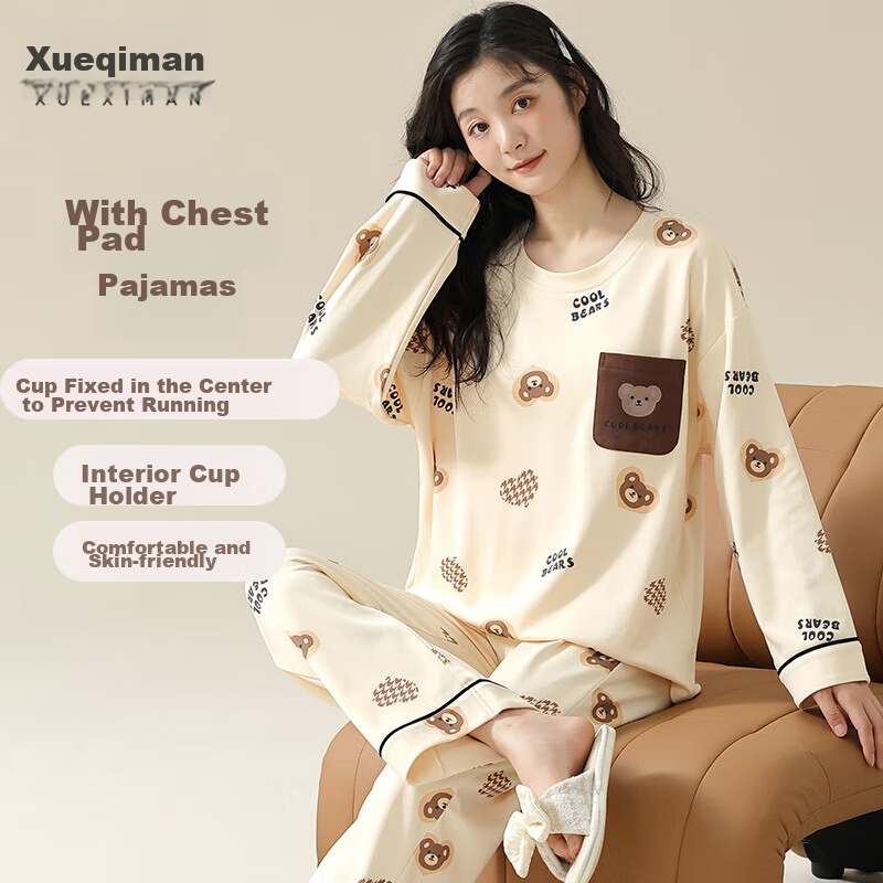 Xueximan Women's Cotton Pajamas, Versatile Cute Bear Print, Built-In Bra Pads, S...