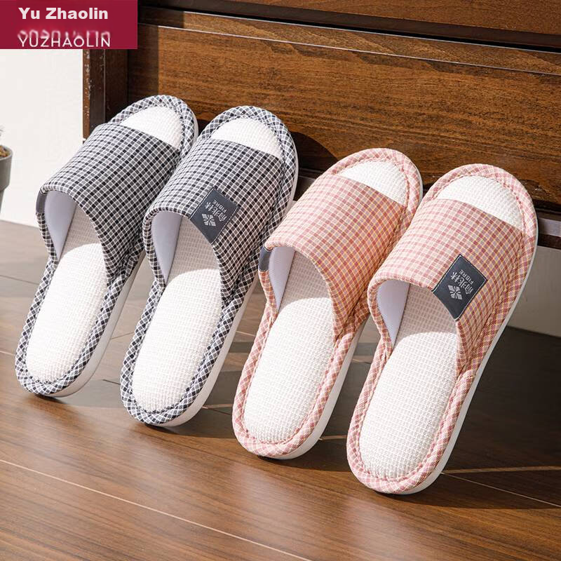 YUZHAOLIN Linen Cotton Slippers for Men And Women, Plaid Lightweight Simple Home...