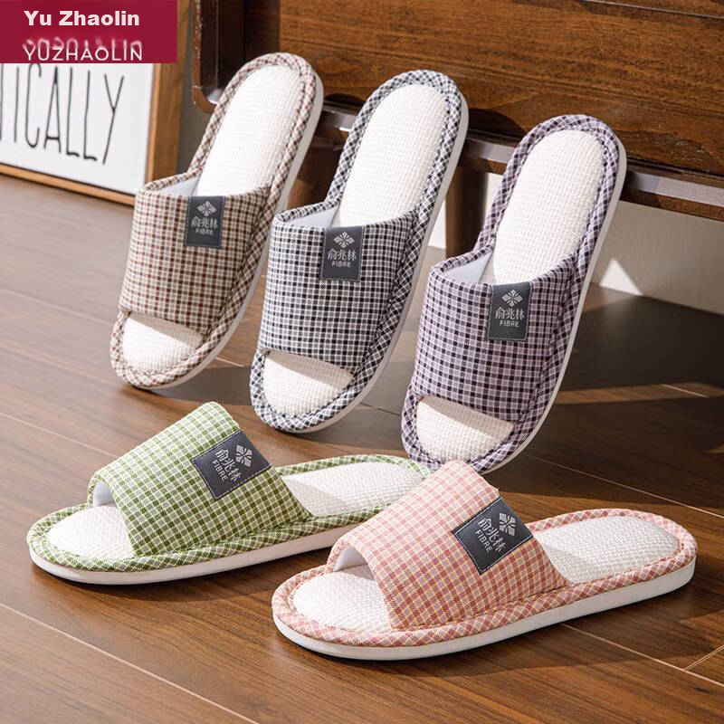 YUZHAOLIN Linen Cotton Slippers for Men And Women, Plaid Lightweight Simple Home...