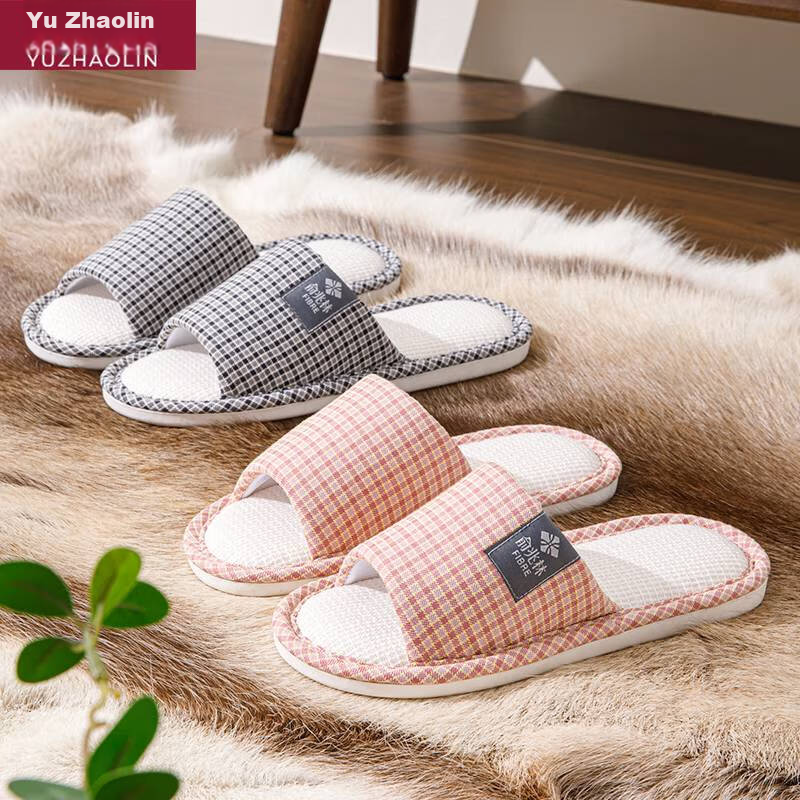 YUZHAOLIN Linen Cotton Slippers for Men And Women, Plaid Lightweight Simple Home...