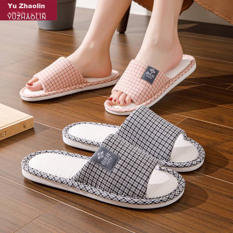 YUZHAOLIN Linen Cotton Slippers for Men And Women, Plaid Lightweight Simple Home...