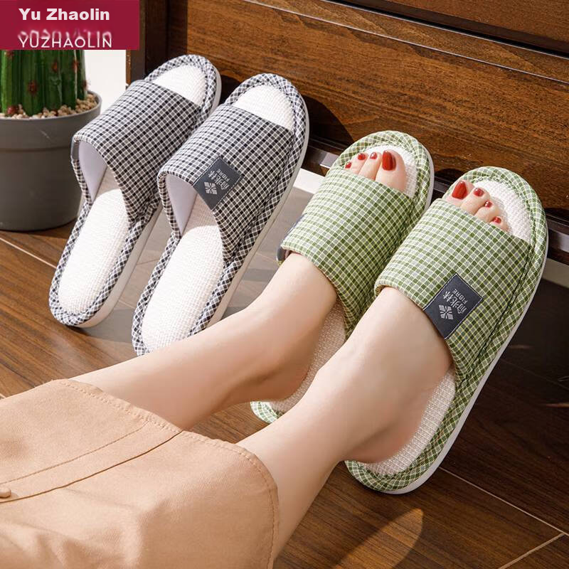 YUZHAOLIN Linen Cotton Slippers for Men And Women, Plaid Lightweight Simple Home...