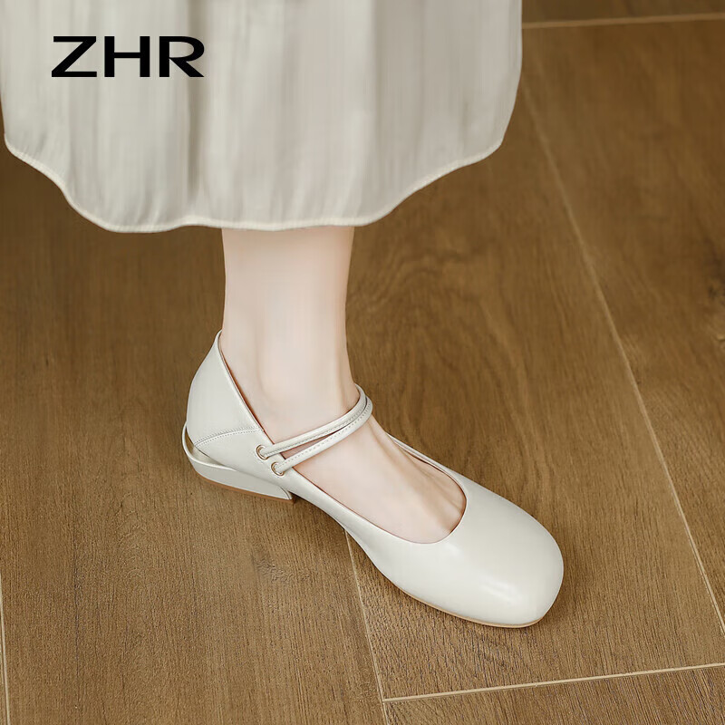 ZHR Mary Jane Shoes Women's Velcro Strap Shallow Mouth Single Shoes Solid Color...